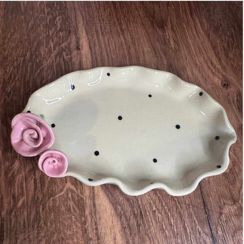 Signed Cindy Teyro Studio Art Pottery Ceramic Tray Hand-Made Pink Roses